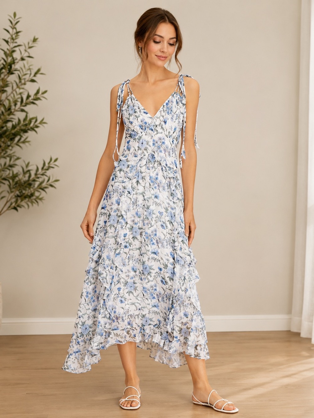 Rebecca Taylor Silk Floral Tie-Shoulder Maxi Dress in Light Blue and White, 6